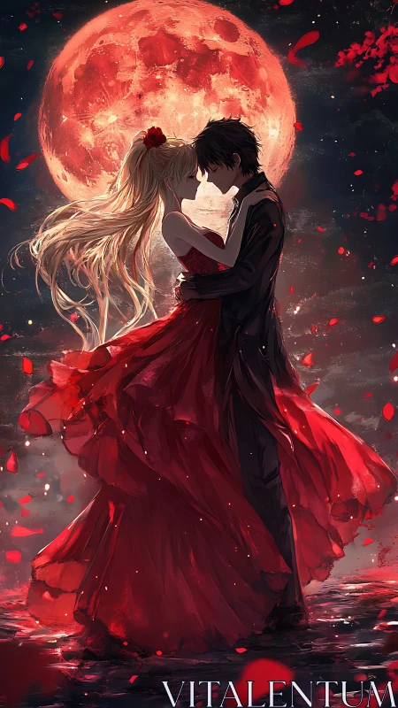 Lovers in crimson embrace beneath a burning blood moon.