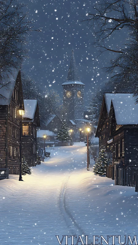 Snow-covered village street with clock tower at night.