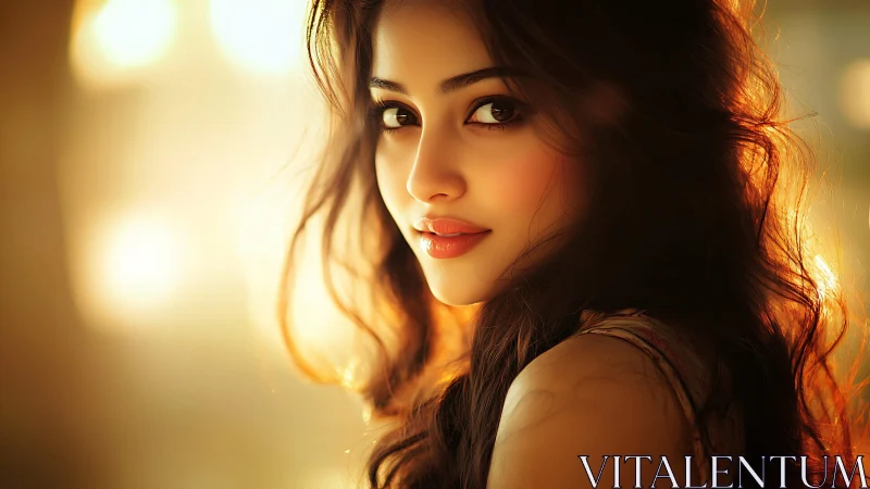 Sunlit gaze of a dreamy woman in molten golden glow.