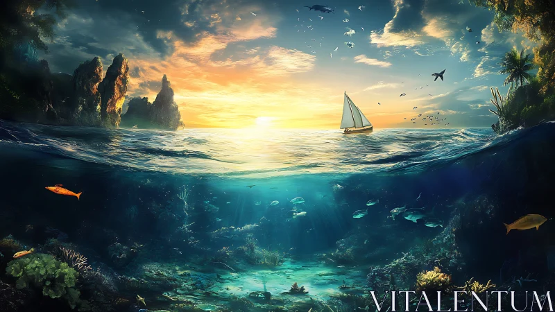 Sailboat and coral reef viewed across ocean surface boundary.