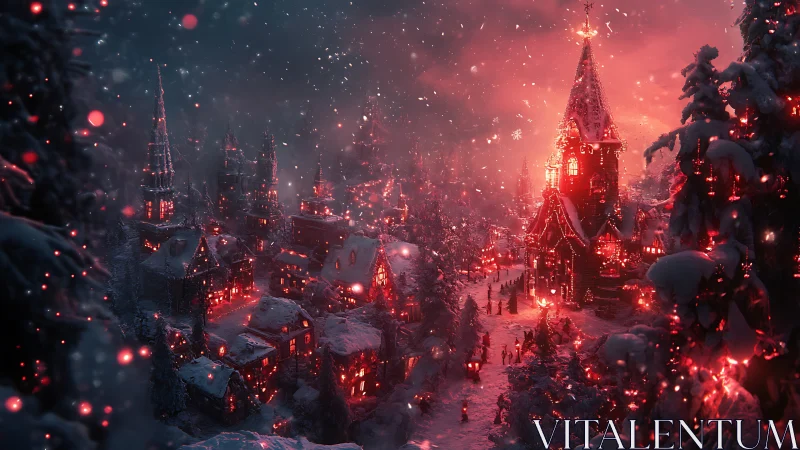 Snow-covered festive village glows under cinematic red illumination