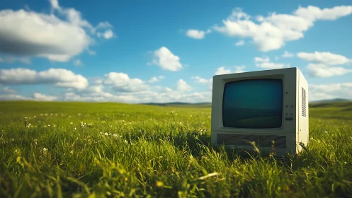 Retro monitor in pastoral field, high-contrast photorealism.