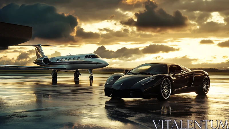 Aerodynamic supercar and jet on reflective tarmac at sunset.