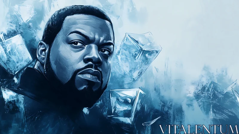 Stoic male portrait emerging among abstract blue ice shards