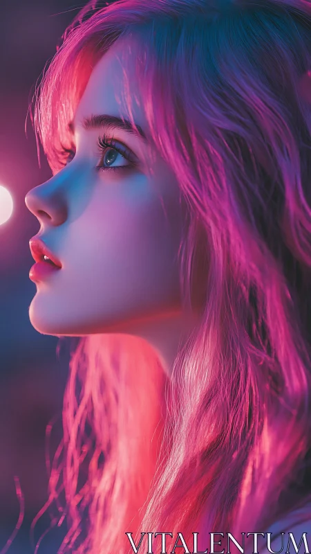 Neon-dreamer profile bathed in electric pink twilight glow.