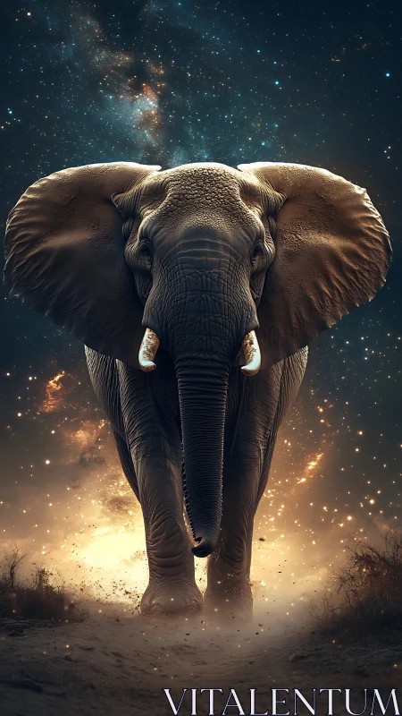 Starlit cosmic elephant striding through glowing dust storm.