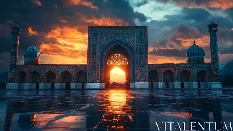Sunlit mosque portal reflects across storm-wet marble courtyard
