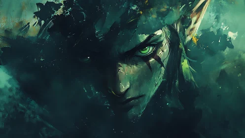 Elven humanoid portrait in teal abstract digital haze.