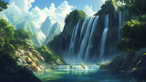Tiered waterfall in lush mountain valley under daylight.