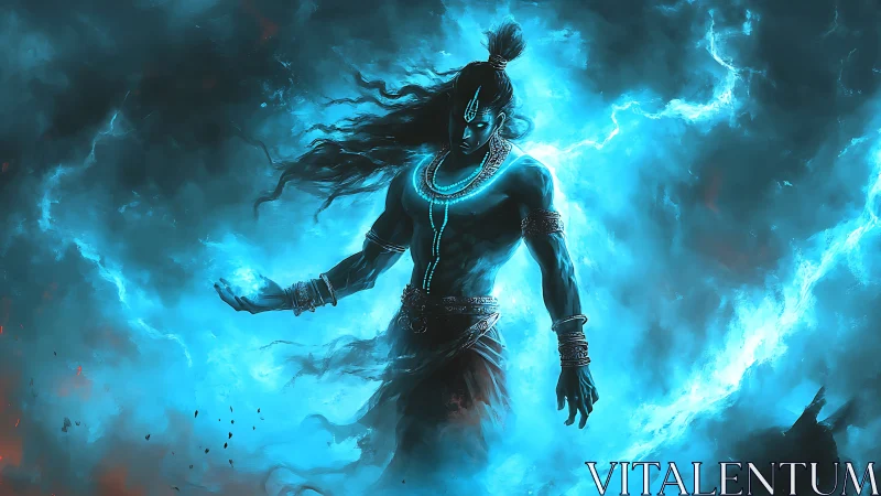 Mythic warrior figure in blue energy storm environment.