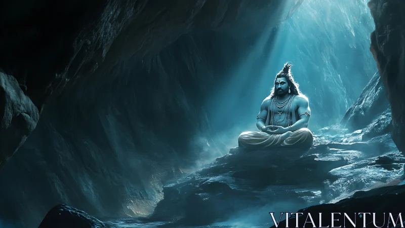 Mystic ascetic meditating in teal-lit cavern environment.