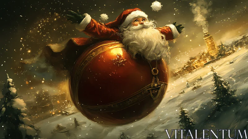 Joyful Santa sails on a glowing ornament over snowy town