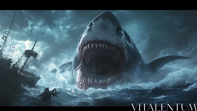 Giant shark attacks stormy fishing vessel in rough sea.