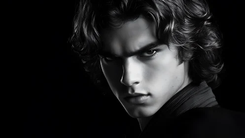 High-contrast male portrait with dramatic chiaroscuro lighting.