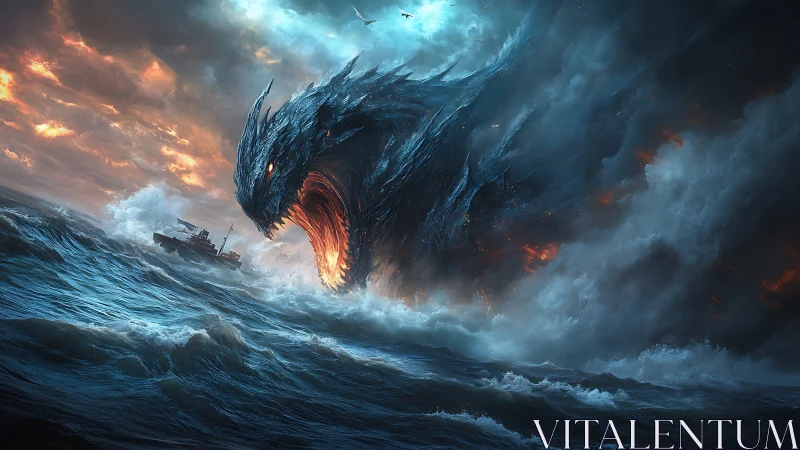 Digital painting of colossal sea dragon storm confrontation.