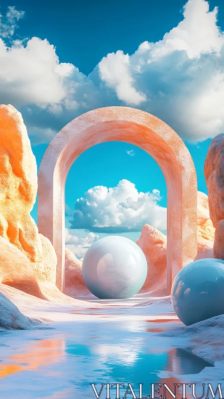 Surreal pastel archway with glossy spheres under clouds.