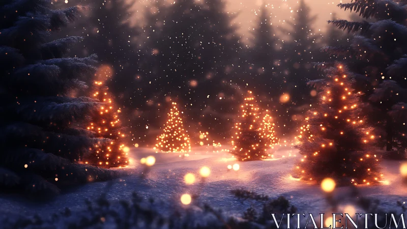 Snow-covered fir grove glows with warm bokeh-lit ornaments