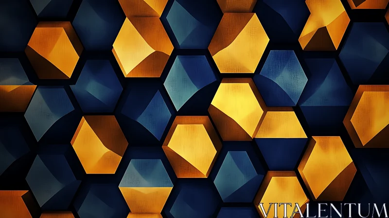 Geometric hexagonal grid with blue and gold extrusions.