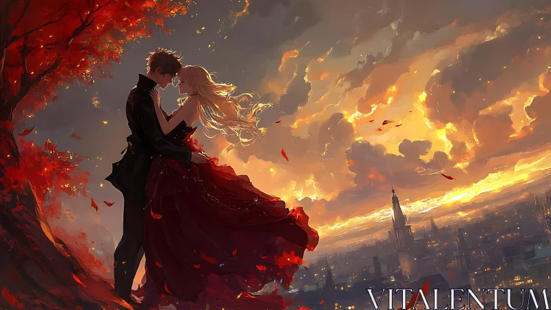 Silhouetted couple embraces above city at sunset sky