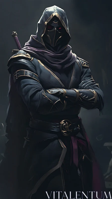 Hooded dark assassin stands with crossed arms in shadow