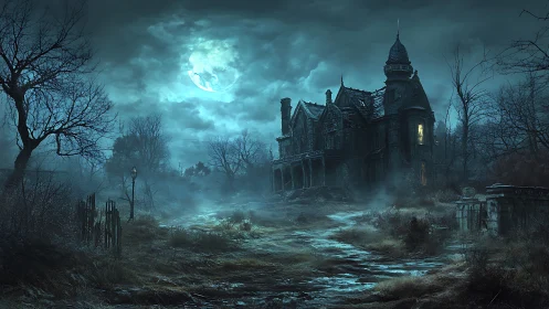 Moonlit haunted mansion amid foggy desolate graveyard.