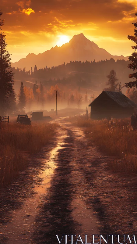 Rural dirt road at misty sunrise beneath distant mountain.