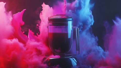 Neon Blender Vessel Immersed in Vibrant Chromatic Fog.
