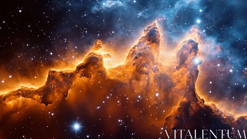 Photorealistic stellar nebula ridge with luminous dust plumes.