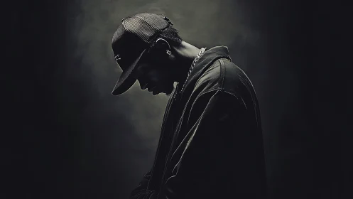 Moody low key portrait of hooded man in profile silhouette.