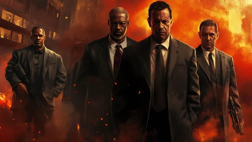 Stoic enforcers walking through a wall of cinematic fire.