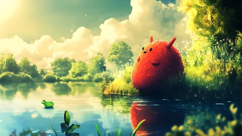 Fluffy red forest creature observing caterpillar across lake