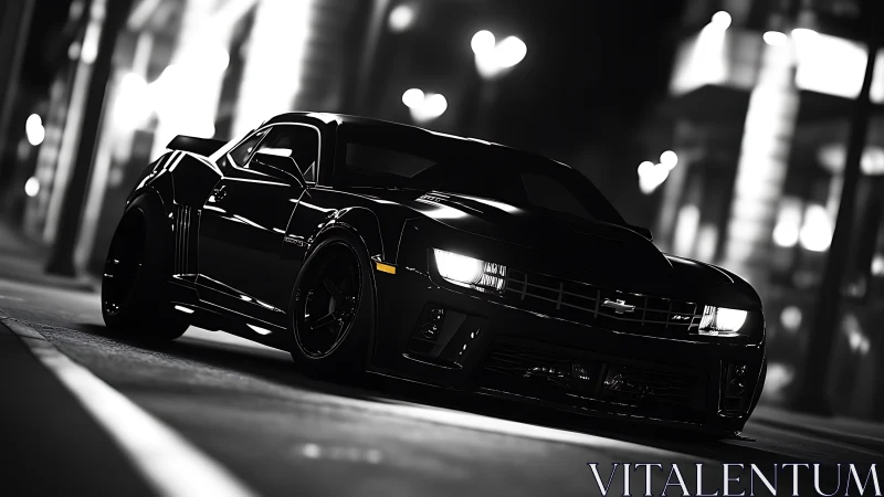 Low-angle monochrome render of widebody muscle car at night