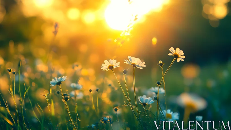 Wild daisies stand in sharp focus against bright sunset light