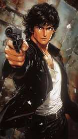 Male anime gunman aims pistol directly toward viewer