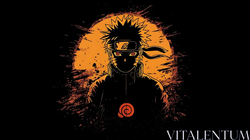 Silhouetted ninja figure before distressed orange circle.