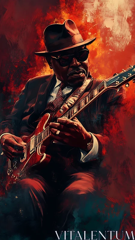 Elderly guitarist in suit and hat plays electric guitar