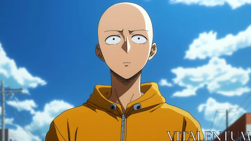 Bald anime protagonist in yellow hoodie under high contrast sky
