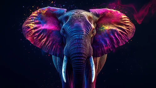 Neon elephant portrait glows with cosmic color and energy.