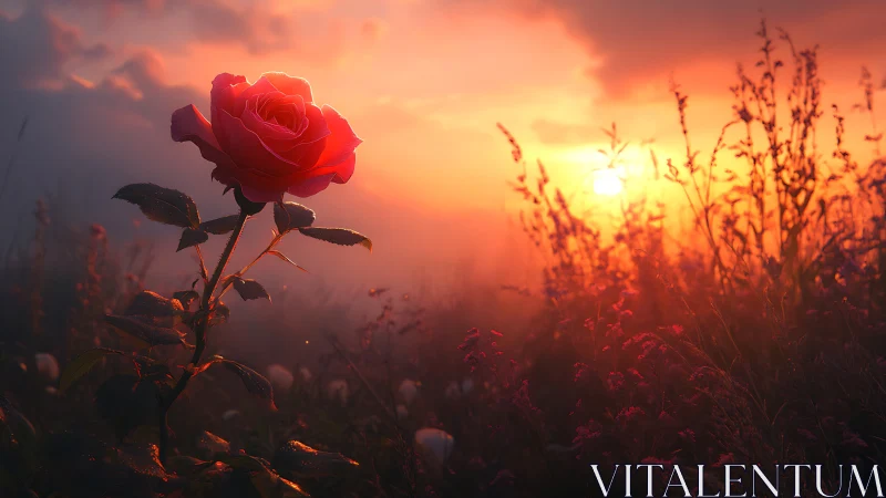 Solitary red rose catches low sunset light over meadow
