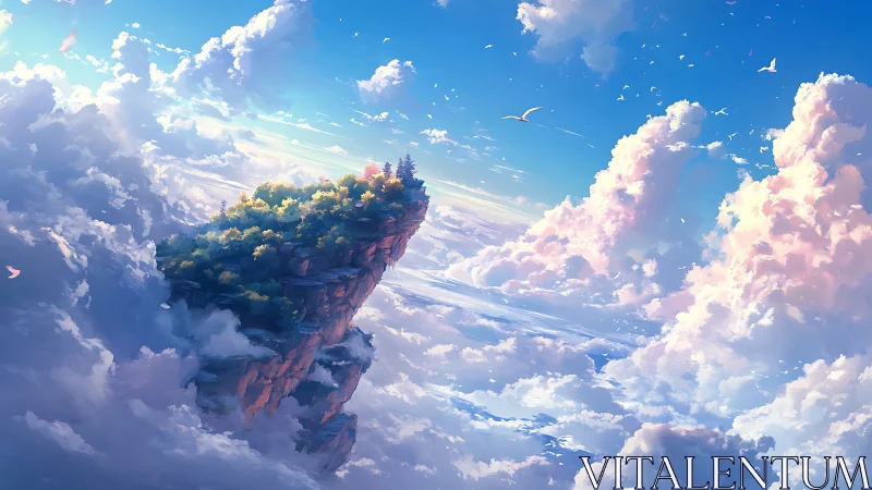 Floating cliff island amid bright layered clouds at dawn.