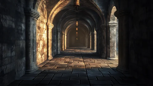 Stone corridor shows repeating arches and warm lantern light