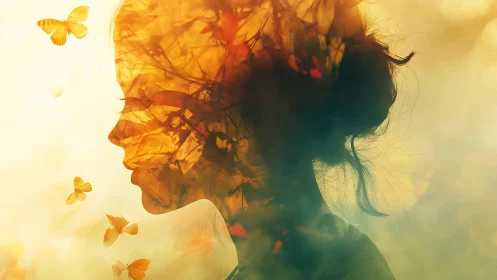 Double exposure female profile with foliage and butterflies.