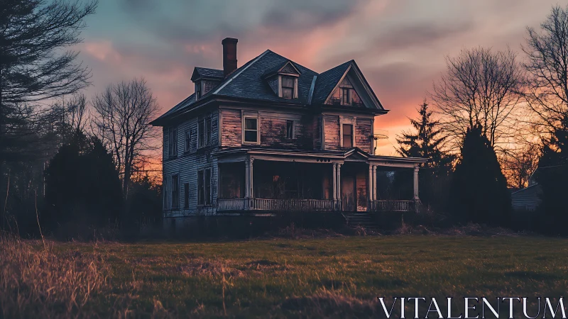 Weathered Victorian house glows quietly under a haunting sunset.