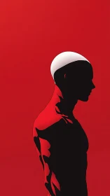 Silhouetted male profile stands against uniform red field