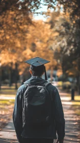 Graduate walking alone under autumn campus trees at dusk.