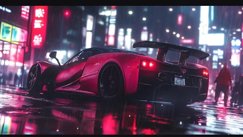 Neon drenched supercar in cinematic night rainscape.