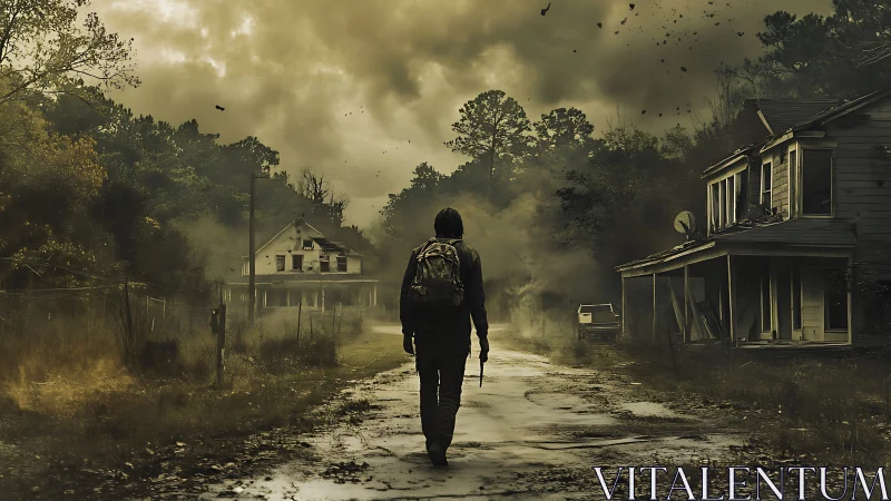 Solitary survivor traverses particulate-choked rural ruin corridor.