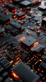Glowing microchip sits on dense black circuit board surface