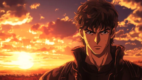 Solitary anime protagonist studies horizon under burning sunset