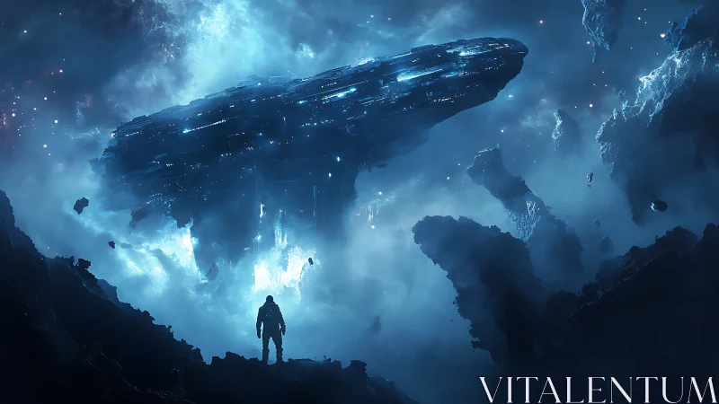 Human figure observes illuminated spacecraft in dense cosmic fog